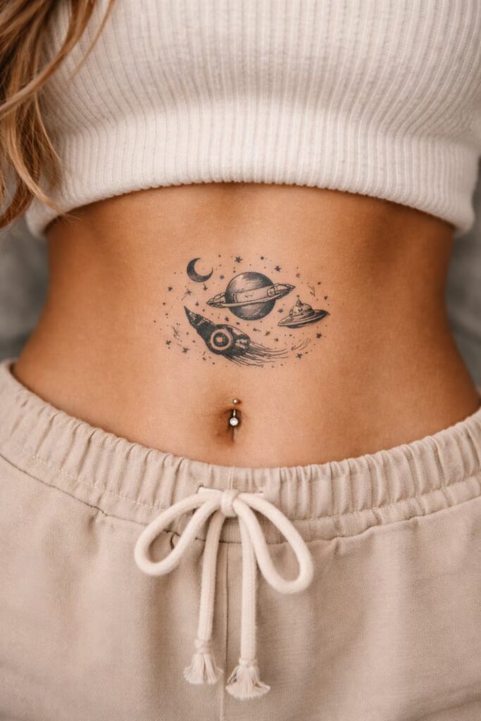 Stomach Tattoos_ Cosmic Space Travel Design moon