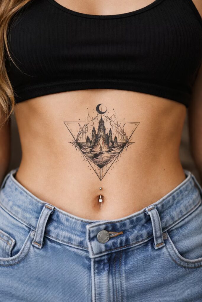 Stomach Tattoos_ Geometric Hellfire Design moon