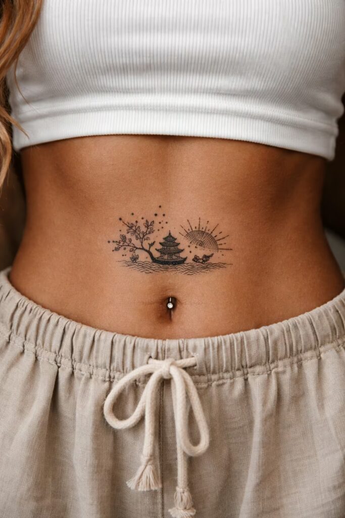 Stomach Tattoos_ Japanese Motif Dotwork Design