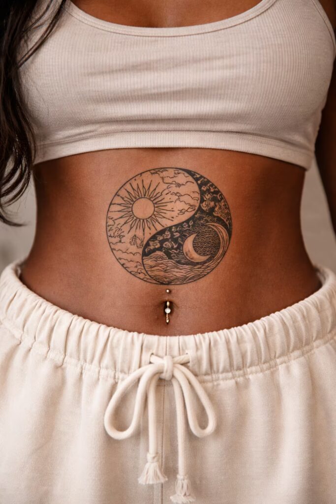 Stomach Tattoos_ Yin & Yang with Sun & Moon Theme sun moon