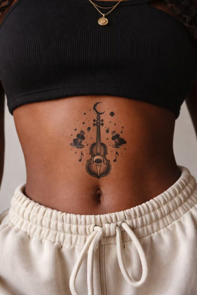 Surrealist Stomach Tattoos Music and Instruments moon music
