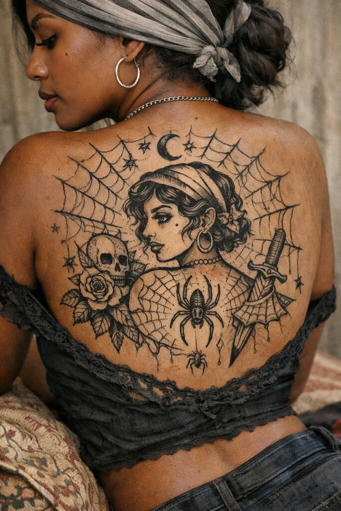 19. Skull and Rose-Themed Traditional Tattoos: Duality of Life