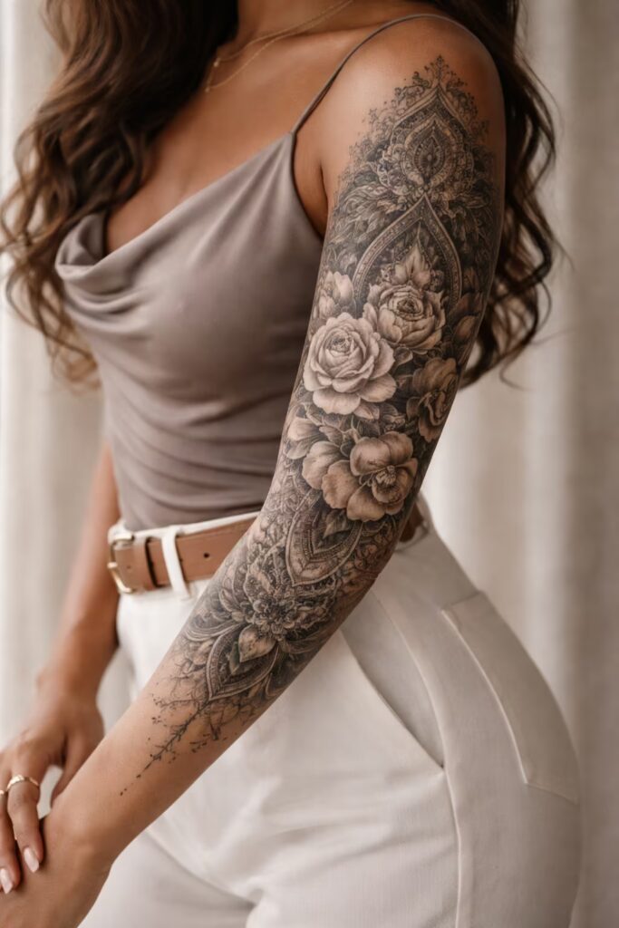 Trash Polka Daisy Mandala & Flower Tattoo Sleeve