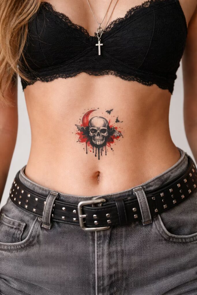 Trash Polka Stomach Tattoos Horror Themed Design skull