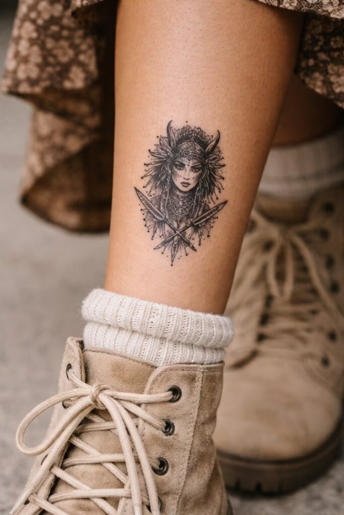 Tribal Warrior Dotwork Shin Tattoo