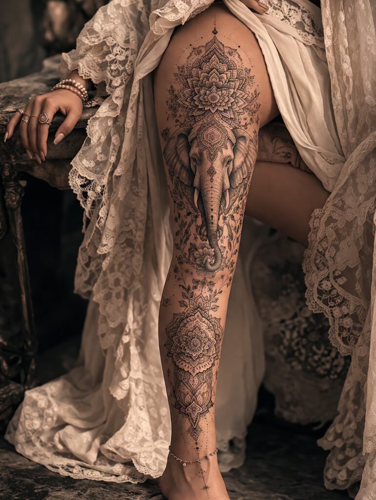 Victorian Elephant Mandala – Full Leg Tattoos for Women (Floral Engraving Style)