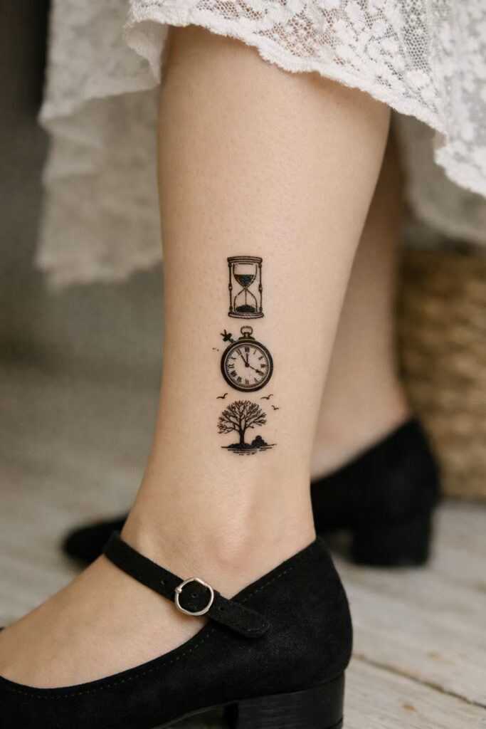 Victorian Timepiece Shin Tattoos