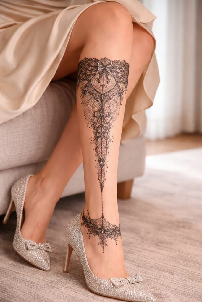 Vintage Lace Stocking Illusion – Full Leg Tattoos for Women with Floral Lace