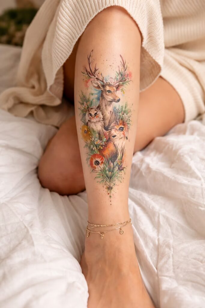 Wildlife Wonder Watercolor Shin Tattoos