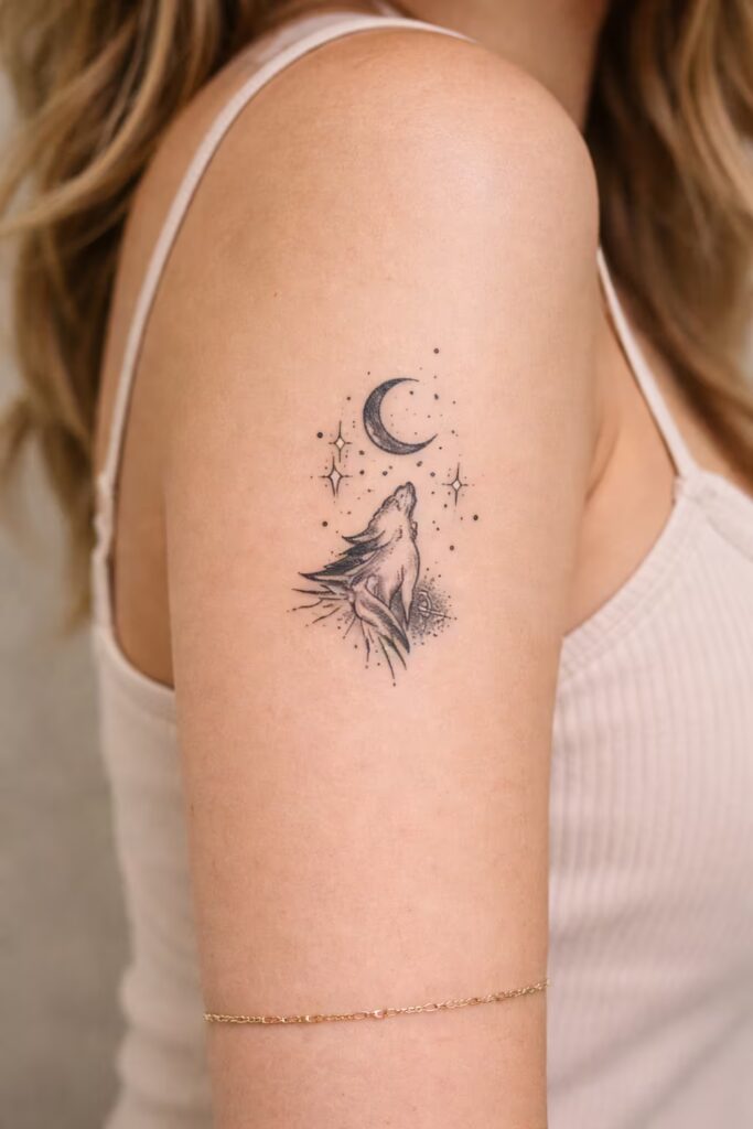 Wolf Howling at Moon Abstract Spiritual Tattoo Ideas sleeve upper arm