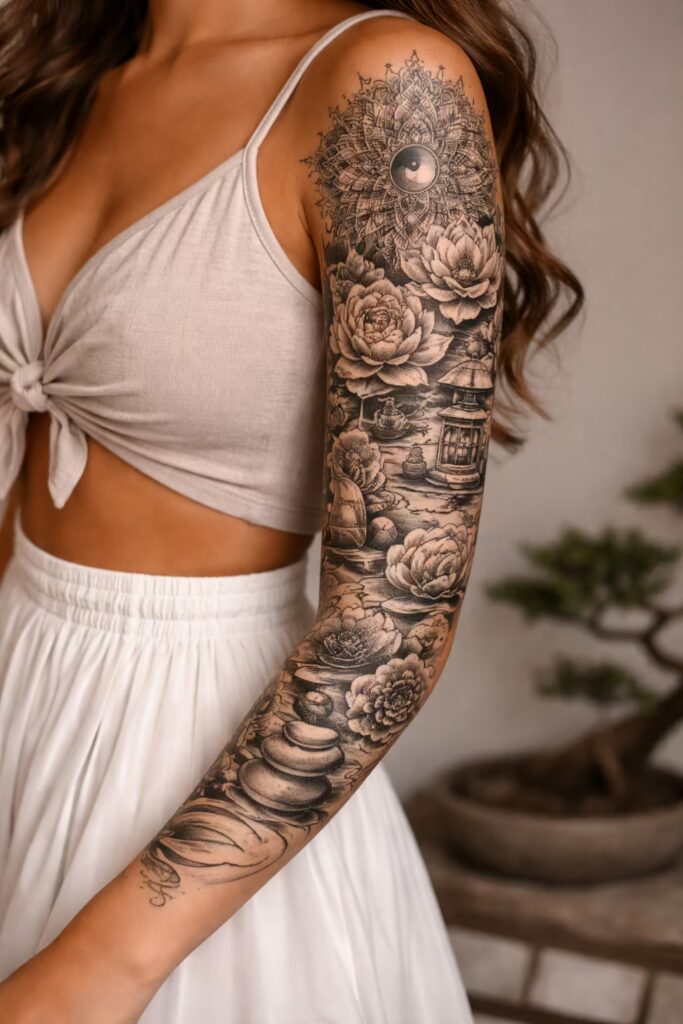 Zen Garden Serenity – Mandala & Flower Tattoo Sleeve (Peony & Bonsai)