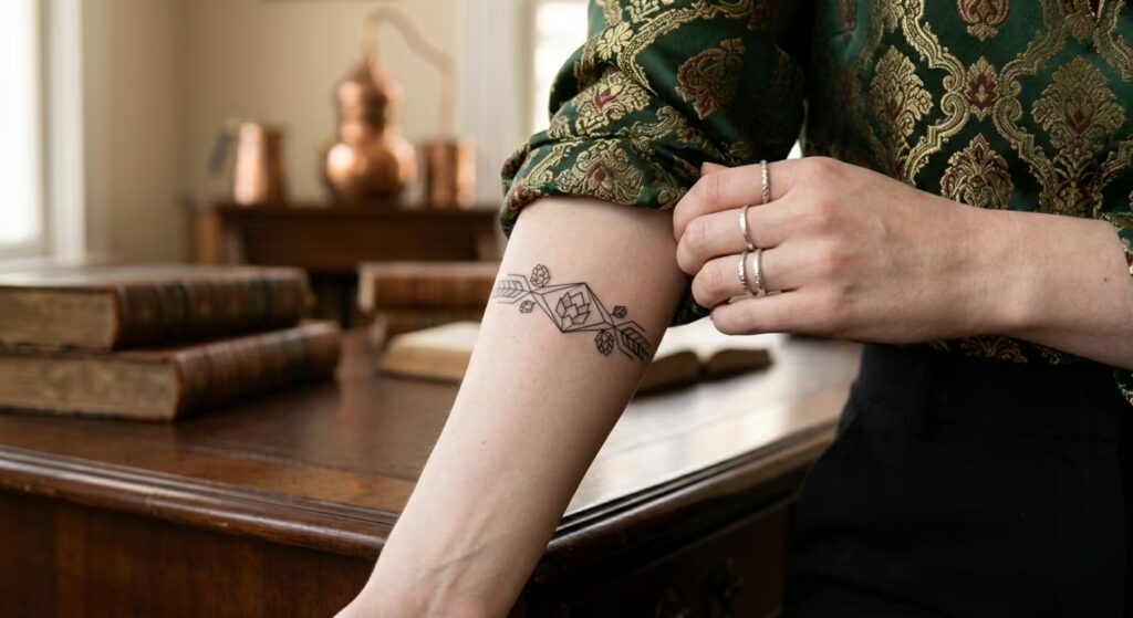 Blackwork Geometric Hops & Barley Vines Wrapped Around Arm Tattoo