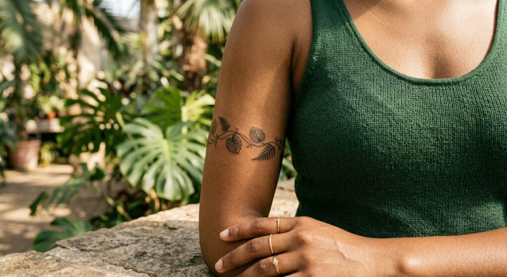 Detailed Cross-Hatching Jungle Monstera & Ferns Vines Wrapped Around Arm Tattoo
