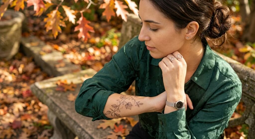 Dotwork Autumn Leaf Vines wrapped around arm tattoo