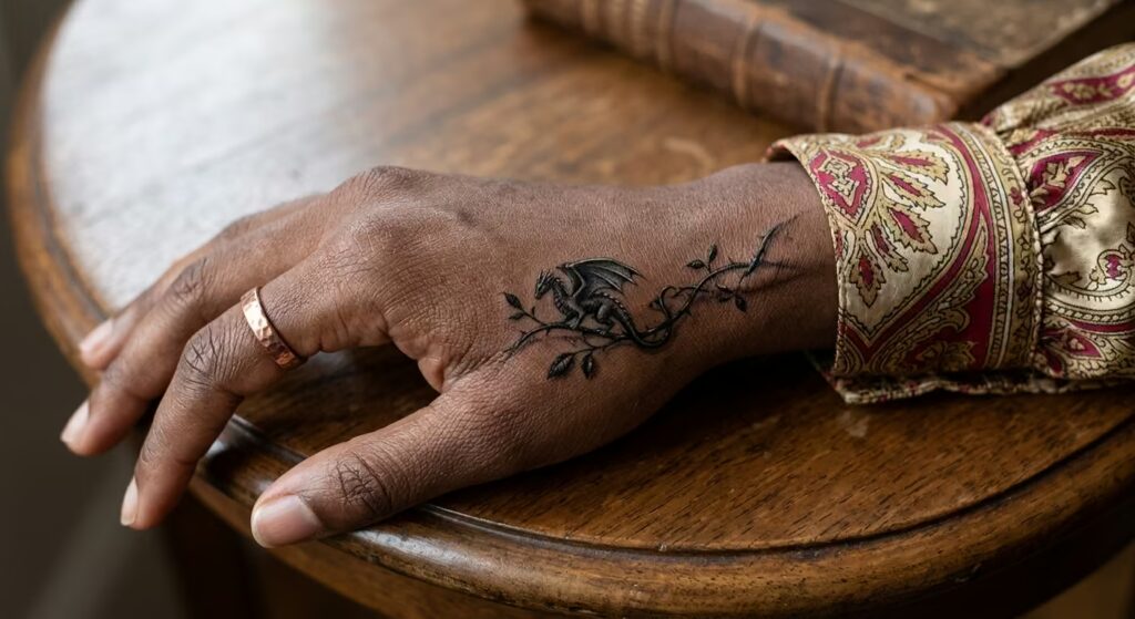 High-Angle Trompe L_Oeil Dragon & Vine Vines Wrapped Around Arm Tattoo