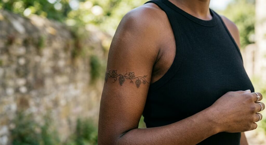 Minimalist Single-Line Grapevine Vines Wrapped Around Arm Tattoo