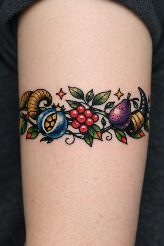 American Traditional Mythical Fruit Vines wrapped around arm tattoo