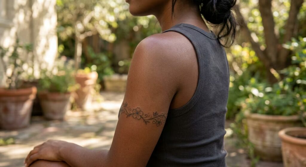 Ornamental Fine-Line Cherry Blossom Vines Wrapped Around Arm Tattoo