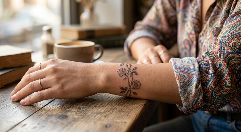 Textured Stipple Shading Wild Rosevines Wrapped Around Arm Tattoo
