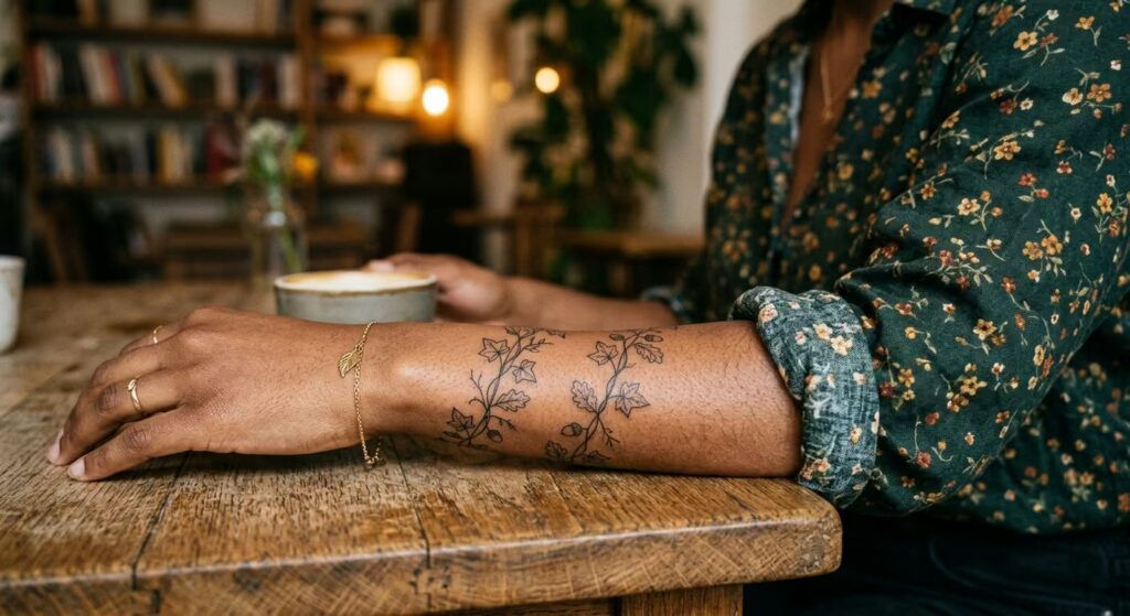Tiny Fine-Line Ivy & Oak Vines Wrapped Around Arm Tattoo