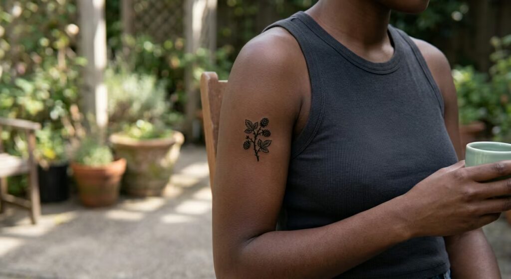 Tiny Sticker Style Bramble & Blackberry Vines Wrapped Around Arm Tattoo