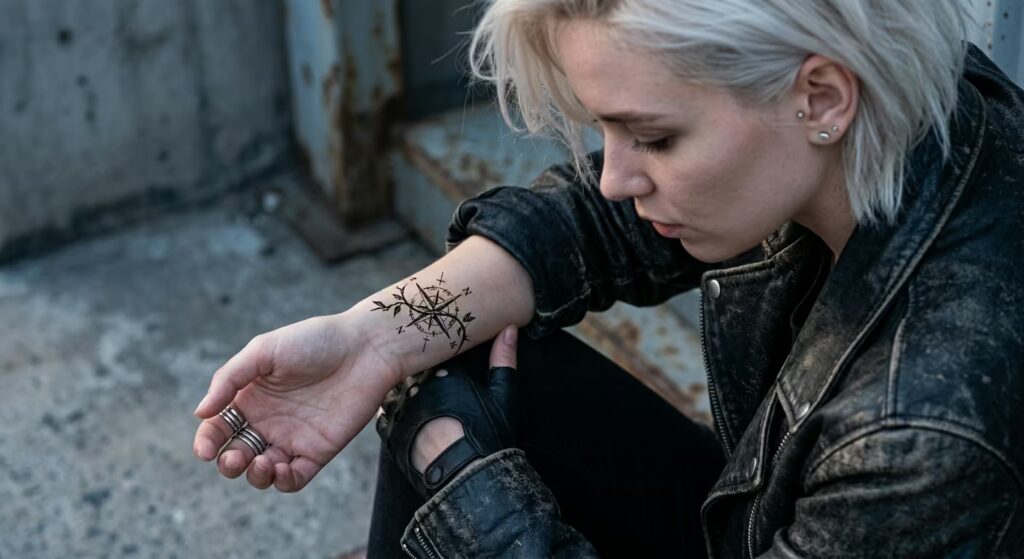 Trash Polka Compass & Vine wrapped around arm tattoo