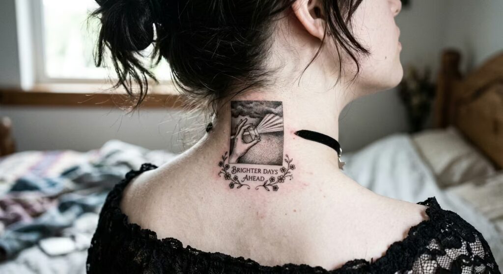 A Daguerreotype Prism on the Nape with Forget-Me-Nots Brighter Days Ahead Tattoos for Women