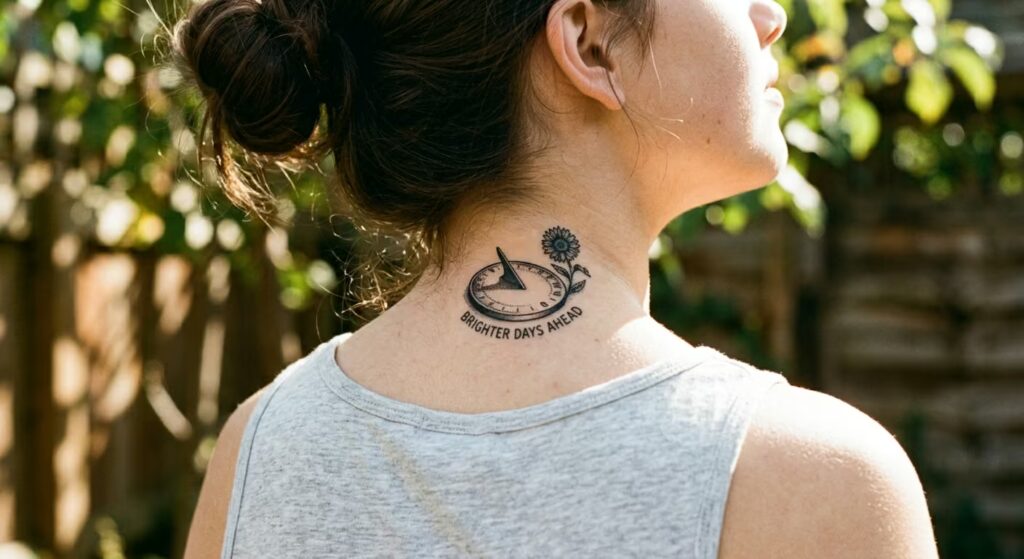 A Ray of Hope Sunflower & Heliotropic Sundial Brighter Days Ahead Tattoo for Women