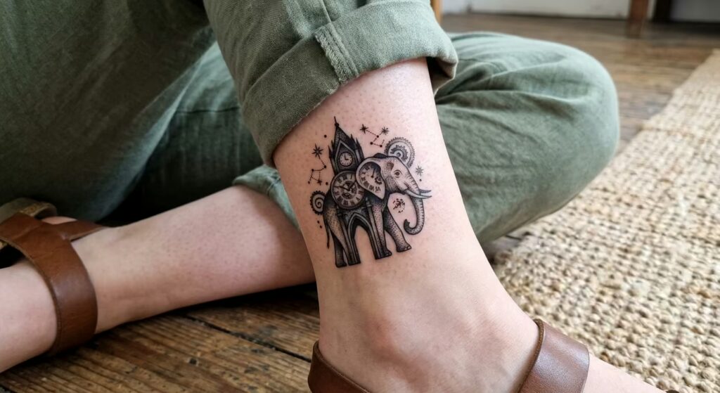 Nostalgic Whispers A Tiny Risograph Elephant and Jasmine Tattoo for Women
