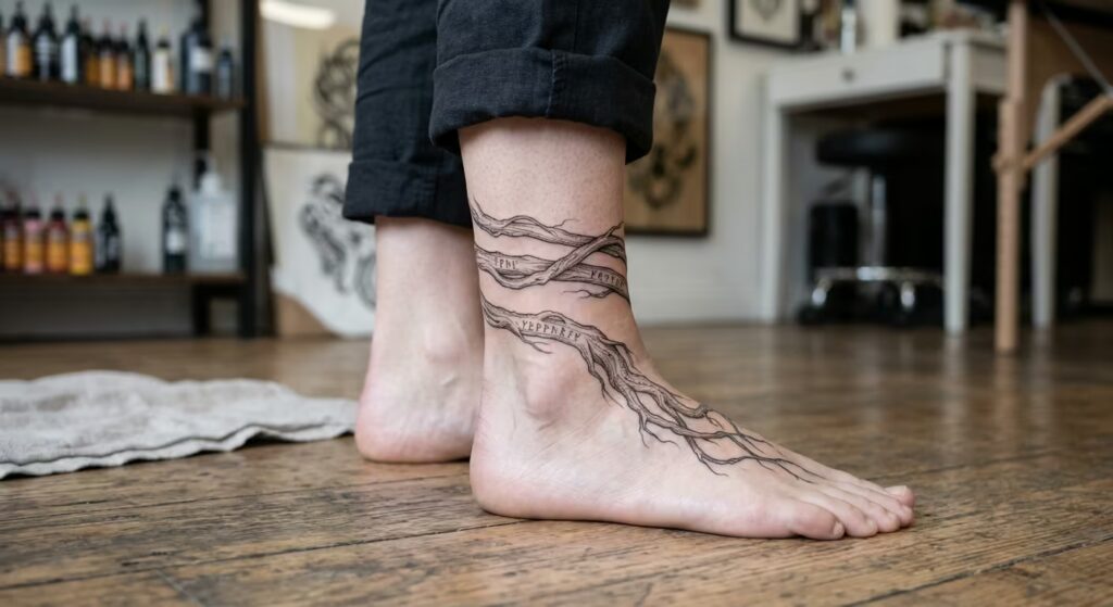 Ancient Roots: The Yggdrasil Vine Wrap Leg Tattoo