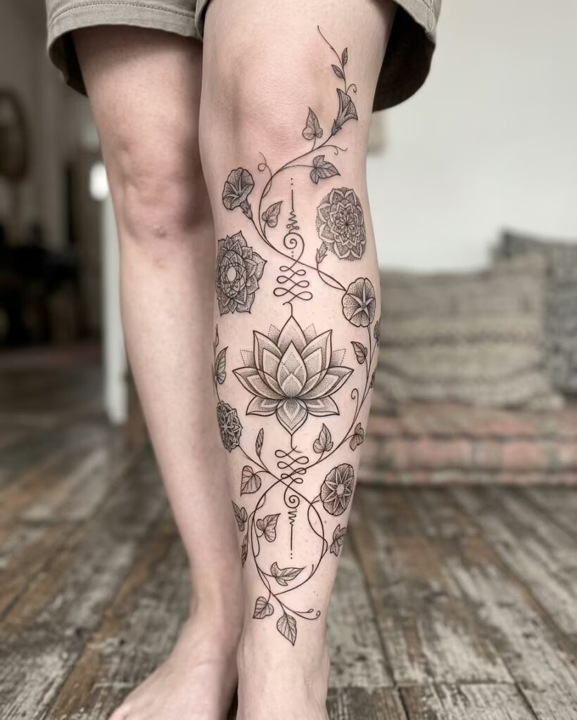 Bio-Mechanical Wisteria: The Cyber-Organic Vine Wrap Leg Tattoo