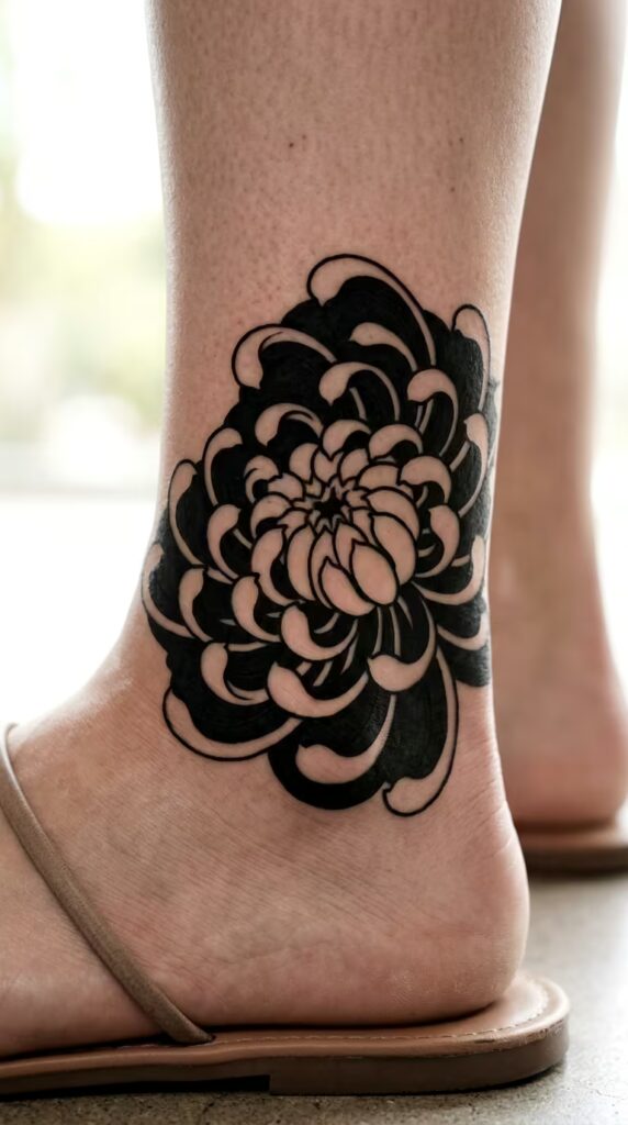 Bold Chrysanthemum Negative Space Flower ankle tattoo