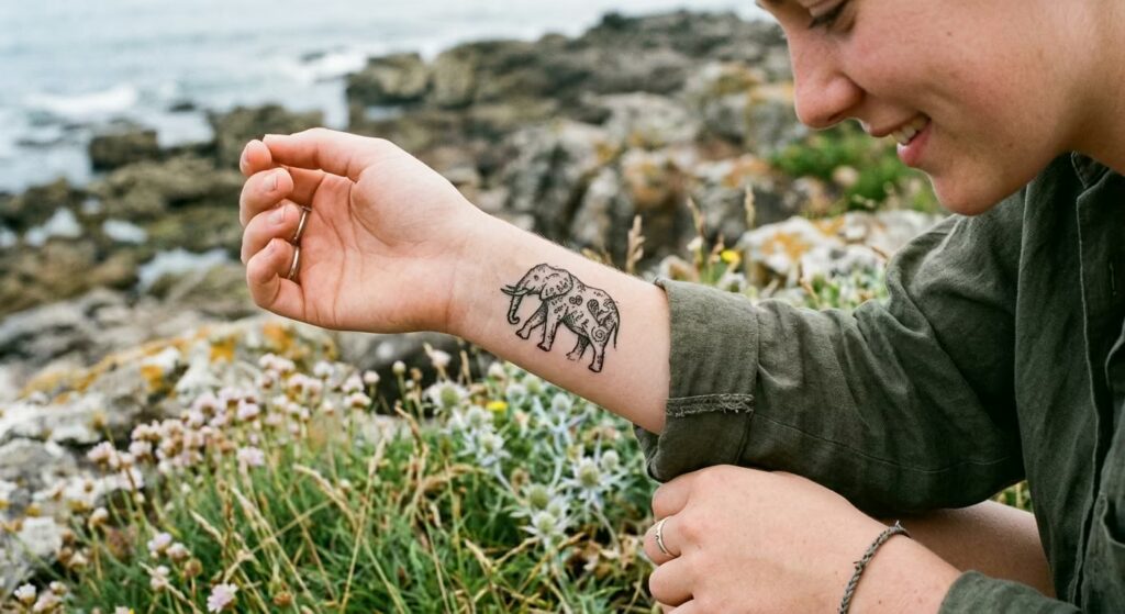 Cave Art Tide Pool Unique Elephant Tattoos for Women (Sea Thrift & Coastal Poppies)