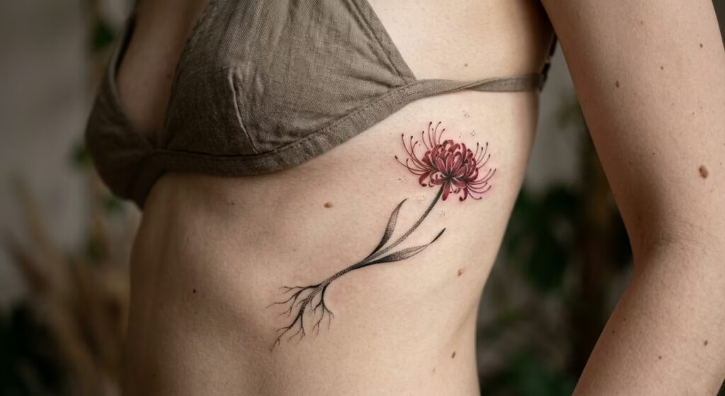 Celestial Bloom: Sun and Shadow Dotwork Spider Lily Tattoo along the Ribcage