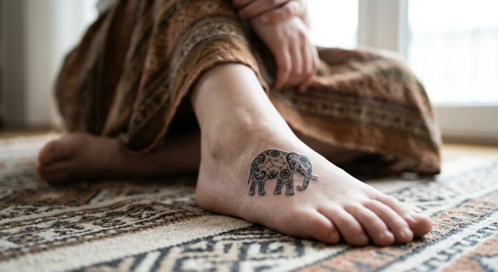 Celestial Rosemaling Elephant Tattoo with Primrose Scrolls