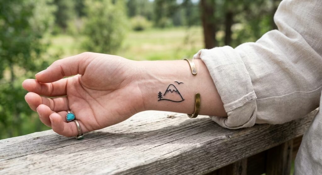 Chibi Mountain Peak_ A Symbol of Wild & Free-Spirited Tiny Wrist Tattoos