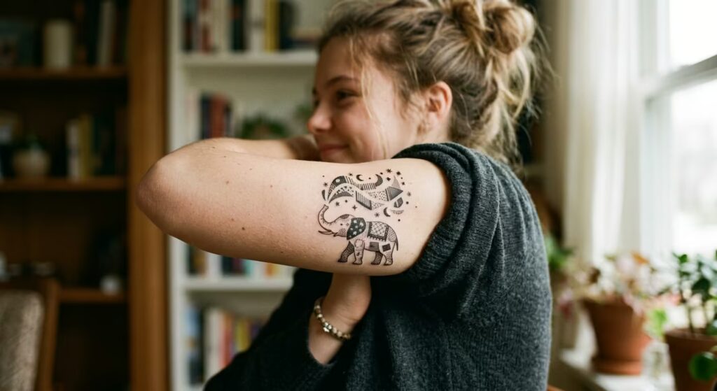 Cosmic Journey A Scrapbook Elephant Tattoo with Aurora Borealis for Women