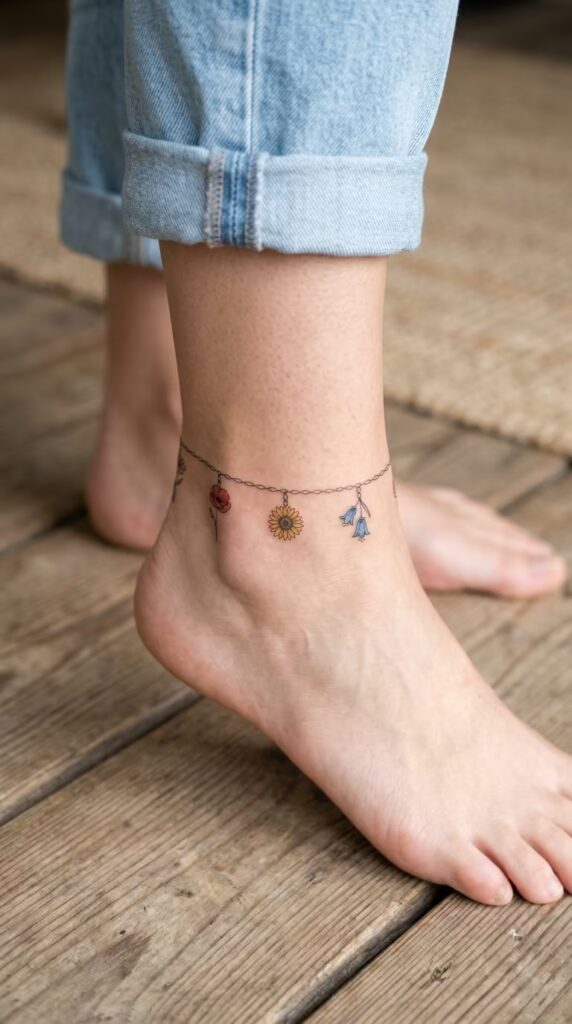 Delicate Floral Charm Bracelet Flower ankle tattoo