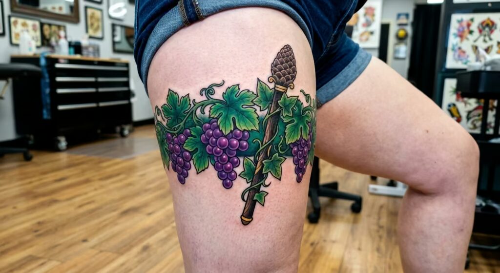 Dionysian Thyrsus Garter Vine Wrap Leg Tattoo