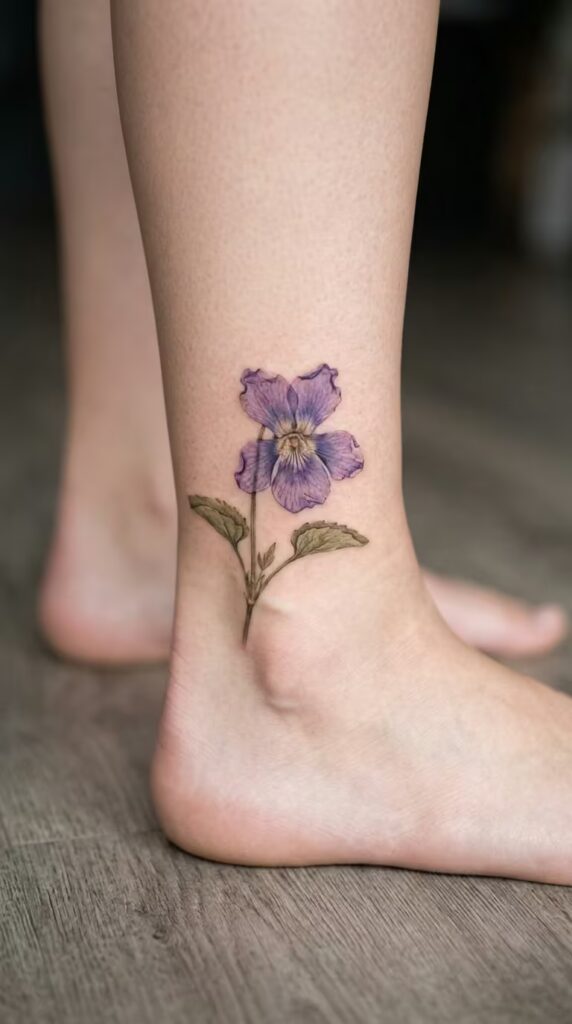 Dried Pressed Violet Flower ankle tattoo