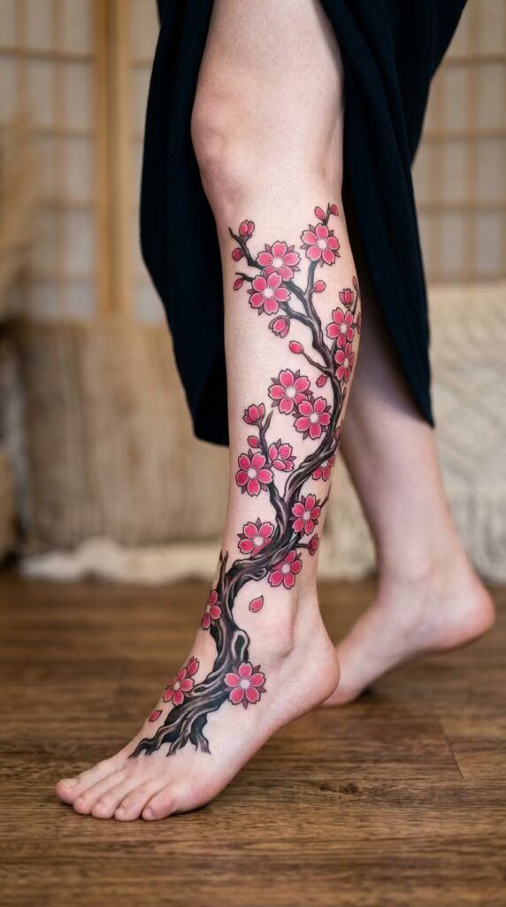 Dynamic Irezumi Sakura Branch Flower ankle tattoo
