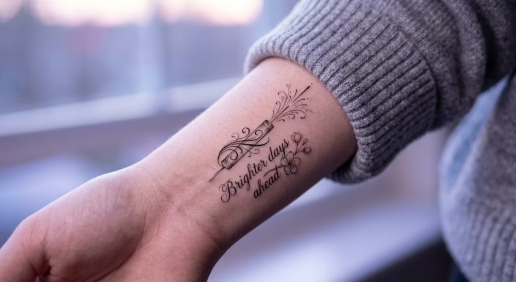 Elegant Resilience The Paleographic Roman Candle and Cherry Blossom Tattoo