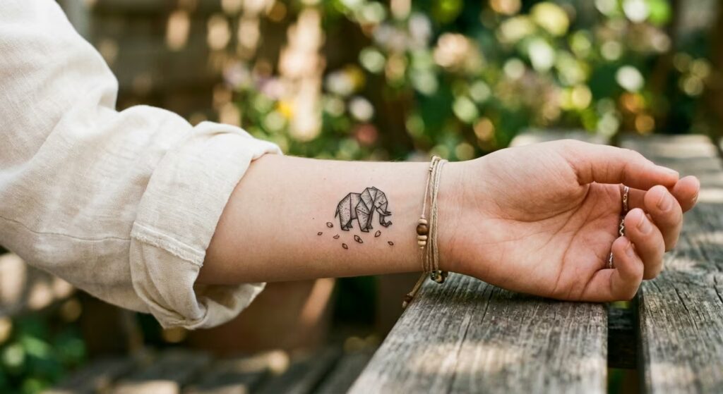 Elegant Scherenschnitte Origami Elephant and Cherry Blossom Tattoo for Women