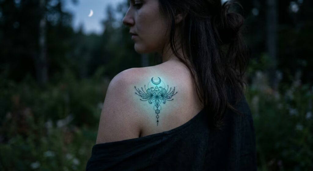 Ethereal Guidance: Geometric Spirit Spider Lily Tattoo on the Shoulder