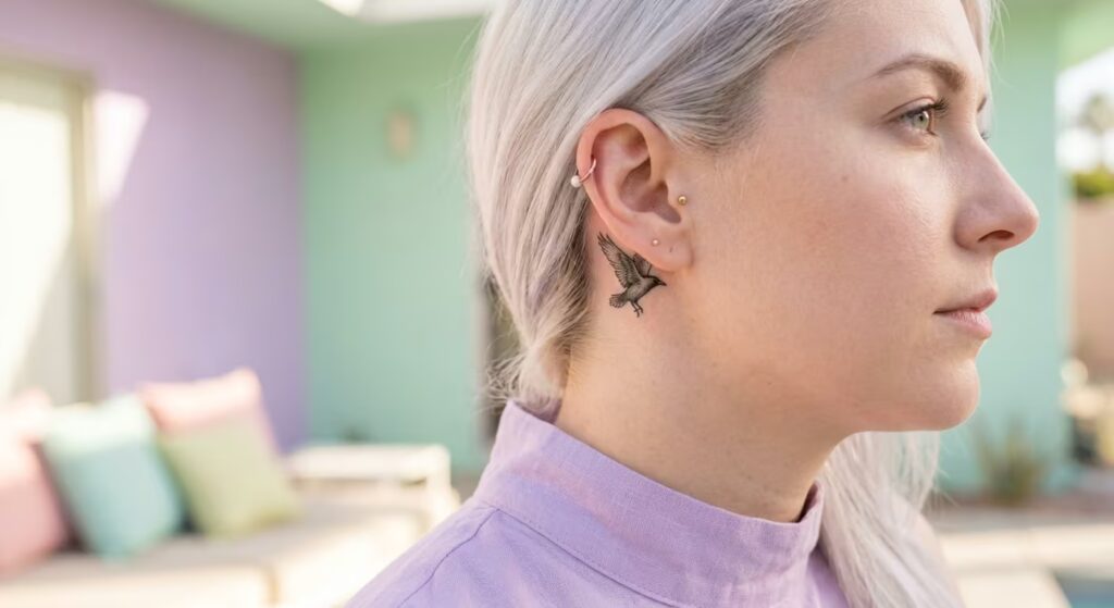 Fleeting Scratchboard Raven Behind the ear tattoo