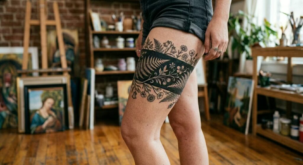 Geometric Menace: A Cyber-Sigilism Vine Wrap Leg Tattoo