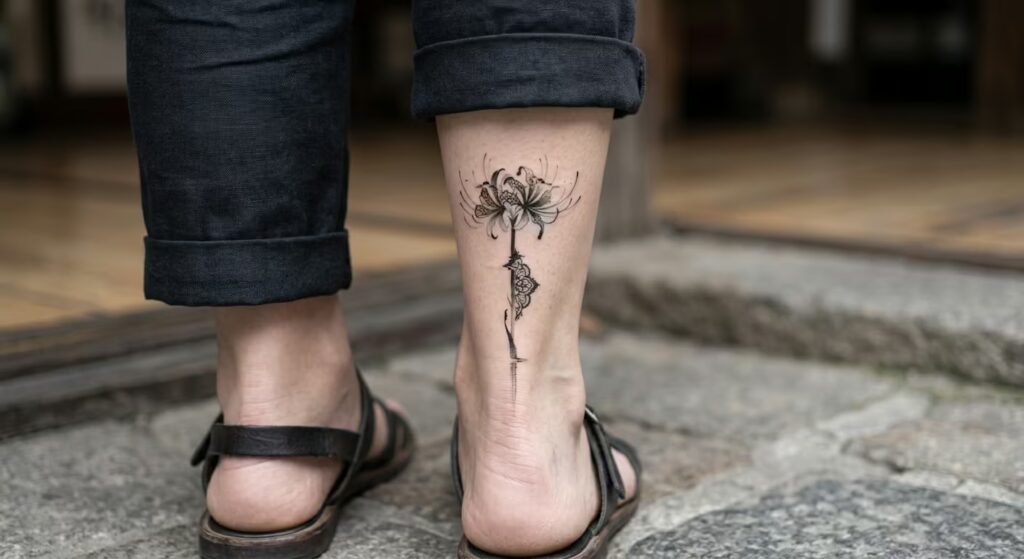 Gothic Lace Sumi-e Spider Lily Tattoo on the Achilles Tendon