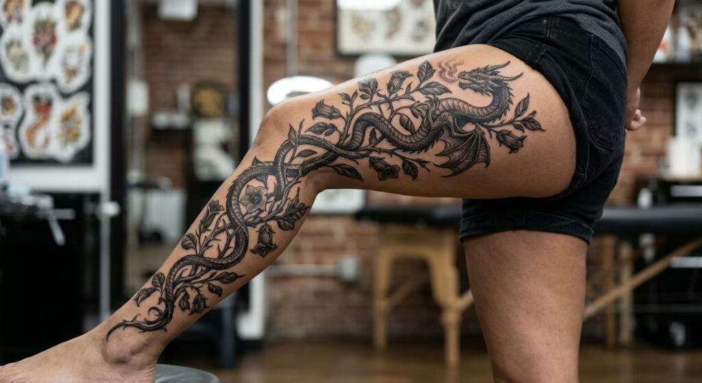 Gothic Nightshade Dragon Vine Wrap Leg Tattoo