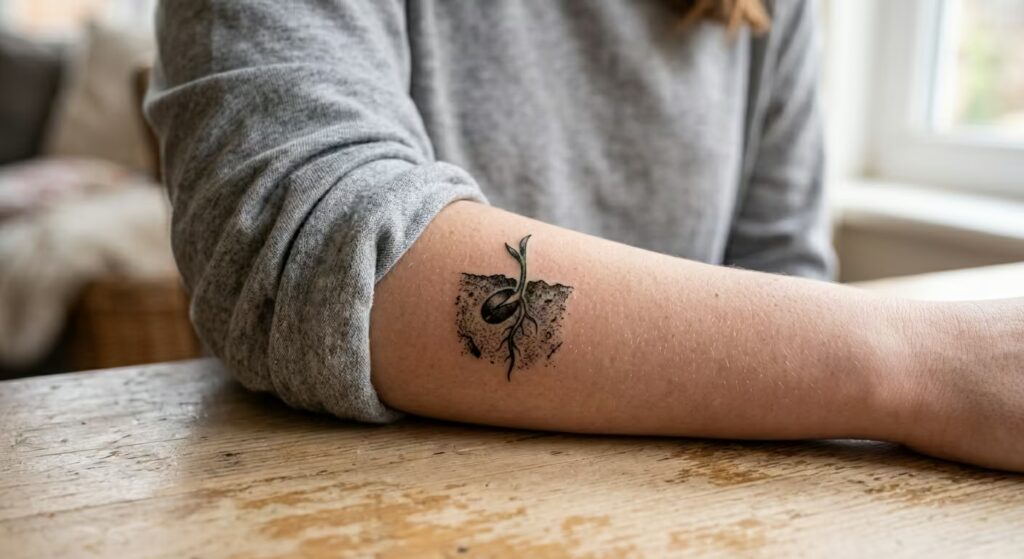 Growing Through it A Tiny, Black Sunprint Seedling Tattoo for Women, Symbolizing Brighter Days Ahead