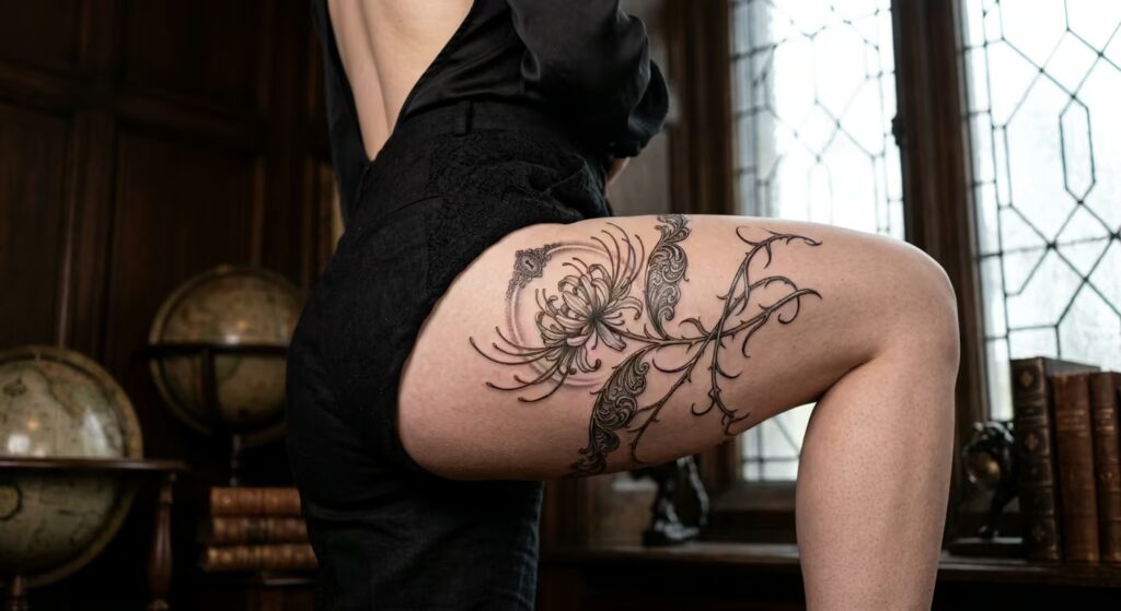 Haloed Bloom: Victorian Gothic Spider Lily Upper Thigh Tattoo